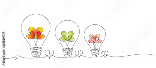 Continuous single line drawing of three light bulbs, editable line art vector illustration