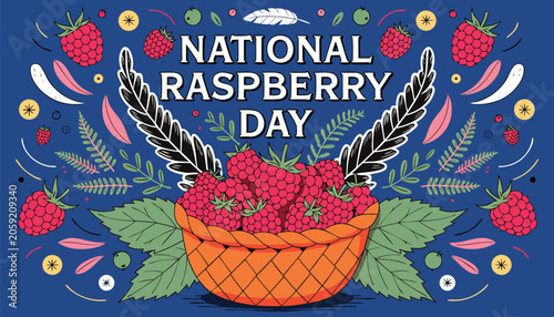 Foto Decorative illustration celebrating national raspberry day with a woven fruit ba