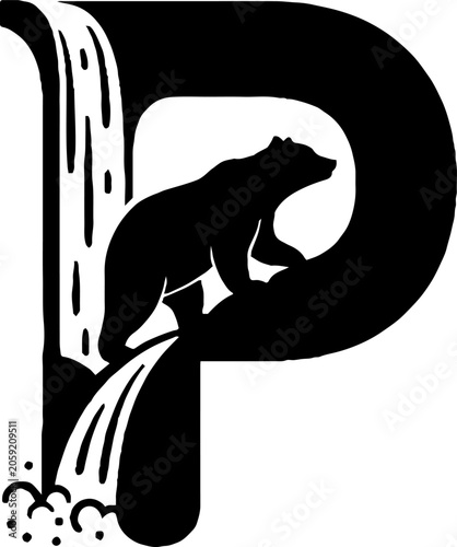 Black and white bear illustration with waterfall letter design.
