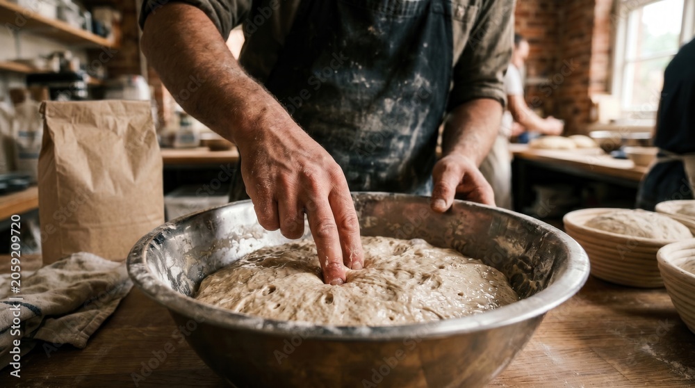 Fototapeta premium Baker hands kneading fresh bread dough in a professional bakery kitchen, perfect for culinary websites, organic food branding, and corporate presentations on craft