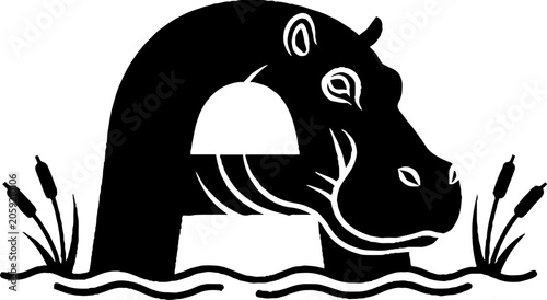 Black and white illustration of a hippopotamus in water.