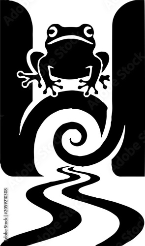 Black and white frog on swirling tail design.