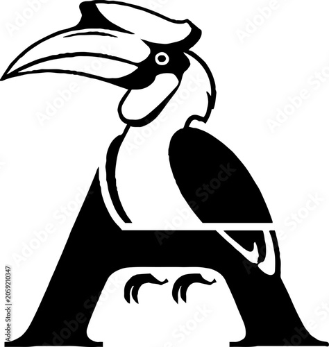 Black and white illustration of a hornbill bird perched on letter A.
