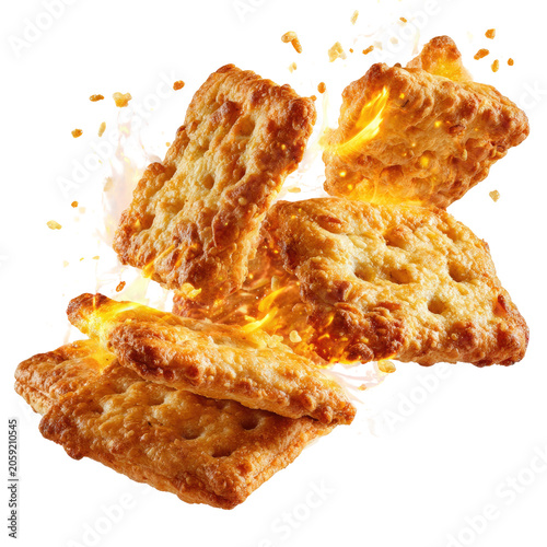 Floating golden crackers. Crunchy, savory baked snacks rising up