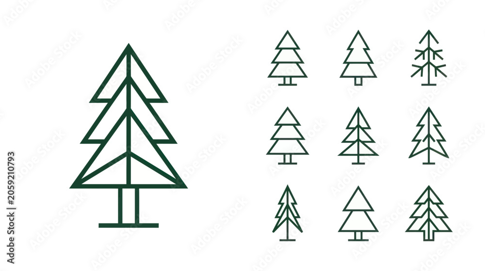 Fototapeta premium Minimalist Pine Tree Icons Set, Geometric Evergreen Forest Symbols