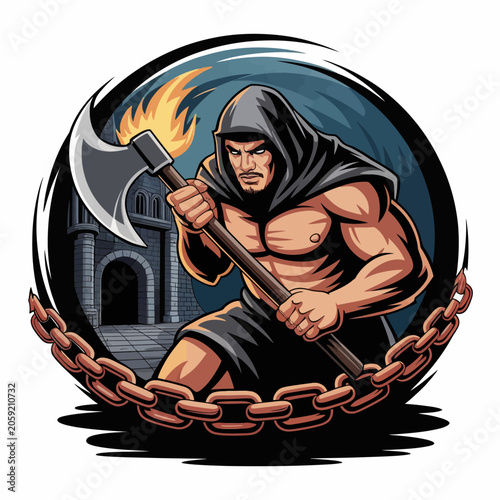 Εκτύπωση καμβά Muscular warrior with axe and torch illustration.