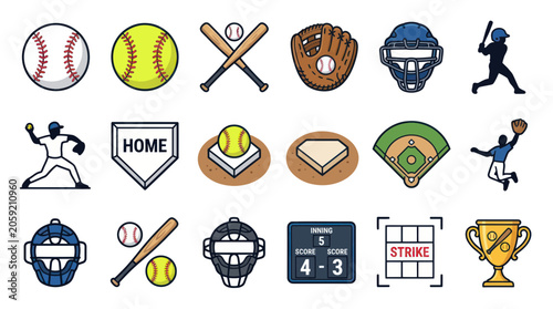 Baseball Icons and Symbols Set: Sports Equipment, Players, Field Elements, Trophy