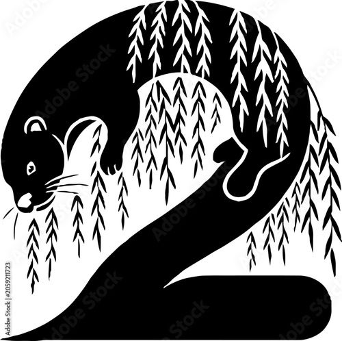 Black and white illustration of a cat shaped like number two.
