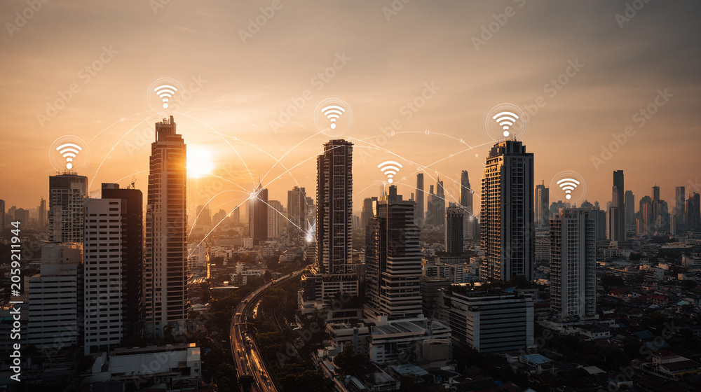 Fototapeta premium abstract Wifi innovative cyber security network, using interconnected nodes to represent business partnerships on the Smart digital Innovation city with connection network reciprocity over the smart 