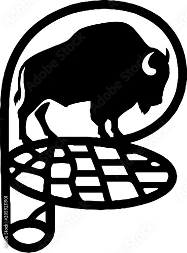 Silhouette of a buffalo standing on a grill design.