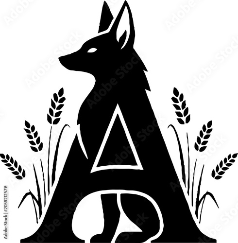 Black silhouette of fox and wheat forming letter A.