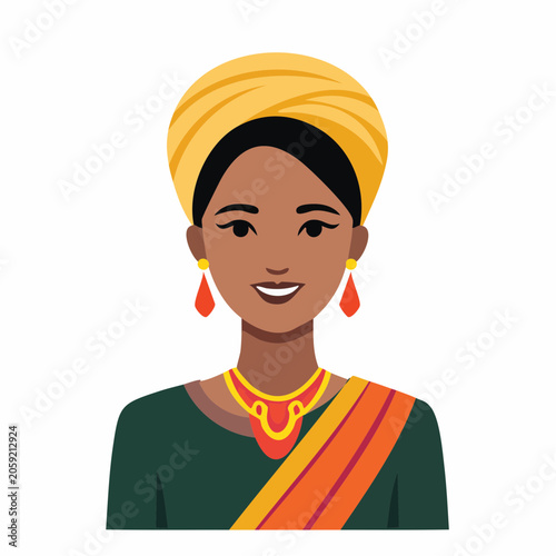 Illustration of a smiling woman in traditional attire