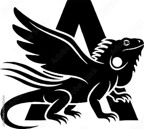 Black and white lizard with wings and letter A design.