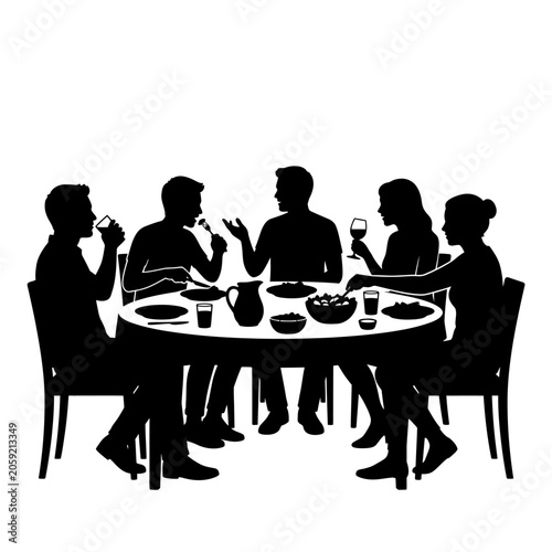 A black silhouette illustration of five diverse friends gathered around a round table, enjoying a lively dinner party and conversation together.