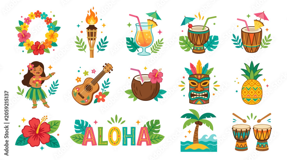 Obraz premium Vibrant Hawaiian luau scene with tropical decorations and drinks on beach