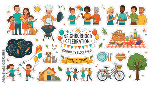 Community block party celebrates neighborhood with food, games, and people having fun together outdoors