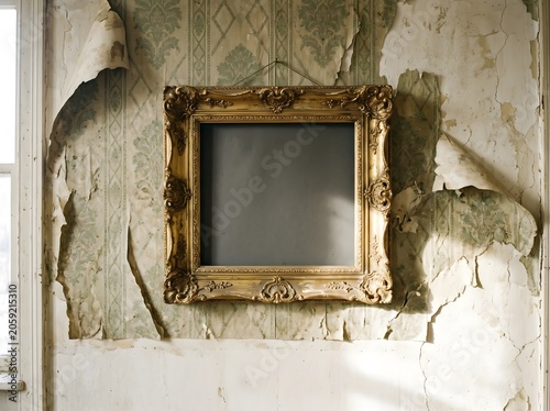 An old gold-framed mirror hangs on a wall with peeling wallpaper and a window.