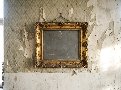 An old ornate gold frame hangs on a worn damaged wall with peeling paint.