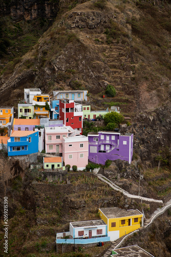 Village square with colourful market stalls Santo Antao Cape Verde