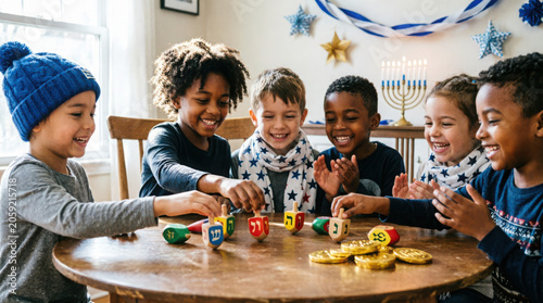 Group of happy children playing dreidel and eating latkes on hanukkah