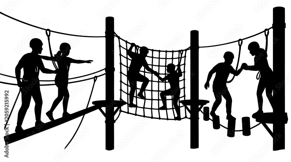 Αυτοκόλλητο Silhouettes of people navigating an outdoor adventure ropes course and obstacle challenge