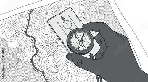 Bilde på lerret A hand holding a magnetic compass over a topographic map for navigation