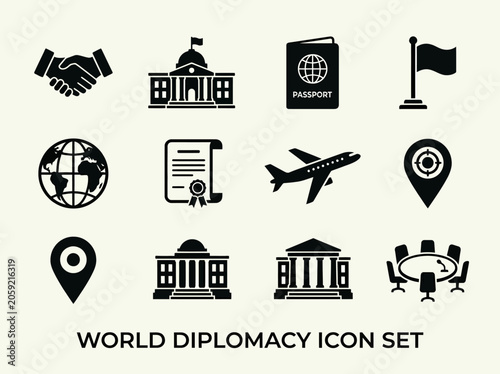 Flat black silhouette icon set with world diplomacy theme, handshake, embassy building, passport, flagpole, globe, treaty document, airplane, map pin, government hall, and conference table
