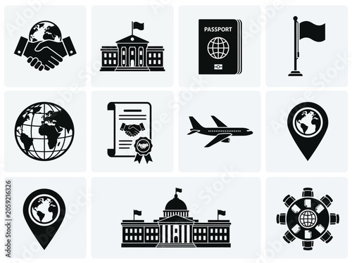 Flat black silhouette icon set with world diplomacy theme, handshake, embassy building, passport, flagpole, globe, treaty document, airplane, map pin, government hall, and conference table