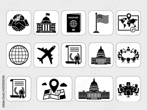 Flat black silhouette icon set with world diplomacy theme, handshake, embassy building, passport, flagpole, globe, treaty document, airplane, map pin, government hall, and conference table