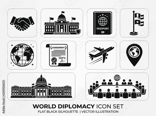 Flat black silhouette icon set with world diplomacy theme, handshake, embassy building, passport, flagpole, globe, treaty document, airplane, map pin, government hall, and conference table