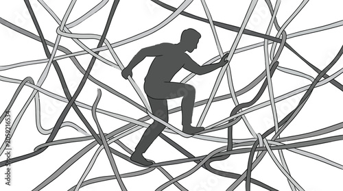 A silhouette of a man navigating through a complex web of tangled lines.