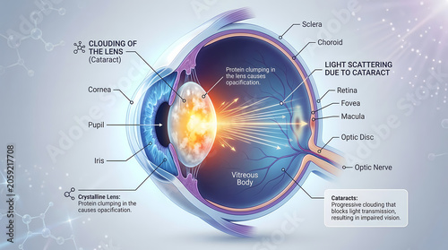 Detailed Medical Diagram of Human Eye with Cataract Pathology and Protein Clumping
