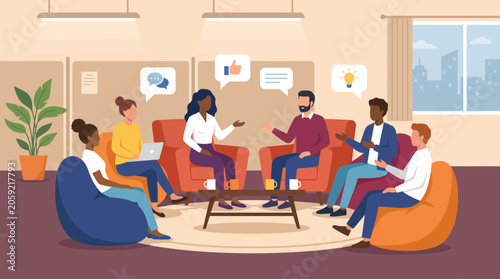 Peer Support Circle Discussion in Open Office Lounge