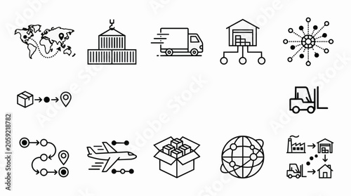 Icons representing the logistics and supply chain process, showing global distribution, shipping containers, delivery trucks, warehouses, networked connections, package tracking, airplanes, forklifts.