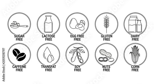 Fotografía Set of dietary food allergen icons featuring gluten free sugar free and dairy fr