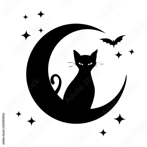 Black cat silhouette with crescent moon and bat