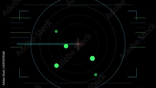 Radar Screen Display: A close-up of a digital radar screen, showing several glowing green targets on a circular display with intersecting lines, representing detection and tracking.