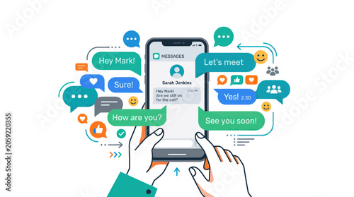 Hands holding smartphone, texting conversation with chat bubbles and emojis, communication concept
