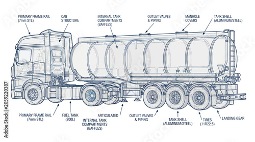 Foto Diagram of a Fuel Tanker Truck with Labeled Components