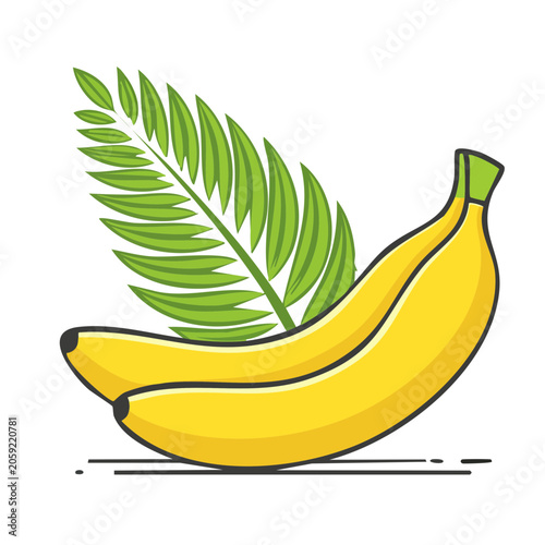 Yellow banana with green palm leaf illustration