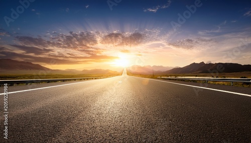 Sunset Beautiful Scenery Landscape And Empty Asphalt Tarmac Highway Road