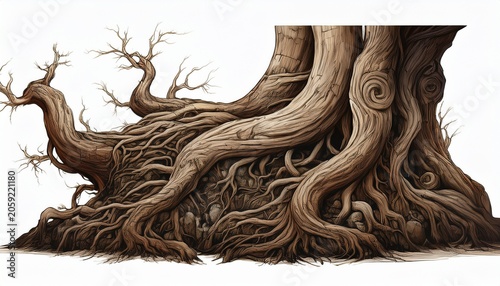 Ancient Twisted Tree Roots Isolated On White