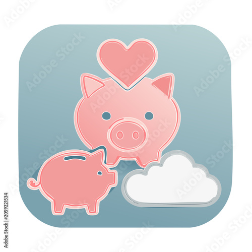 Cute pink piggy bank with heart and cloud illustration