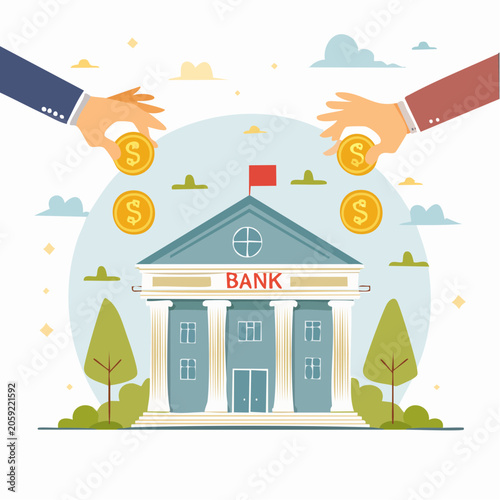 Hands depositing coins into a bank building