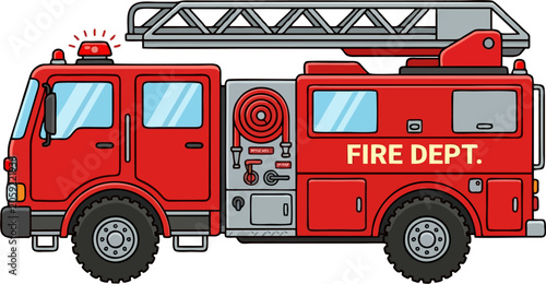 Cute Cartoon Red Fire Truck with Ladder and Fire Department Text – Emergency Vehicle Flat Vector Illustration