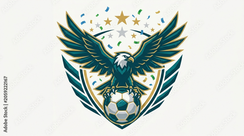 Fototapeta premium Eagle, soccer ball, shield, sports logo, vector icon, gold stars, confetti