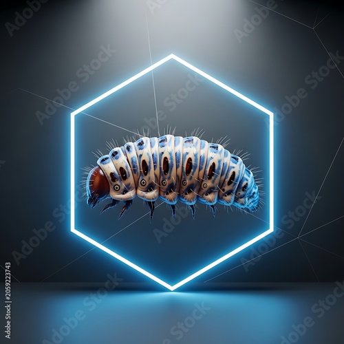 Futuristic Bioluminescent Caterpillar in Neon Hexagon Display.
