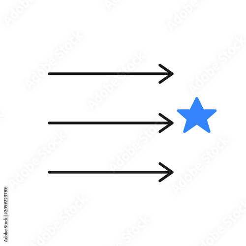 Minimalist blue star icon with motion arrows, geometric shooting star vector illustration, simple linear speed lines for success and achievement