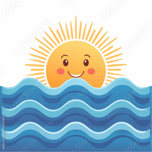 Cartoon Sun Rising Over Wavy Ocean