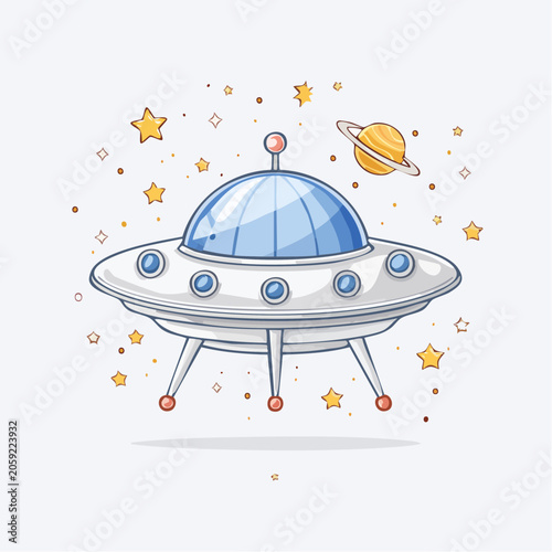 Cartoon UFO Spaceship with Saturn and Stars